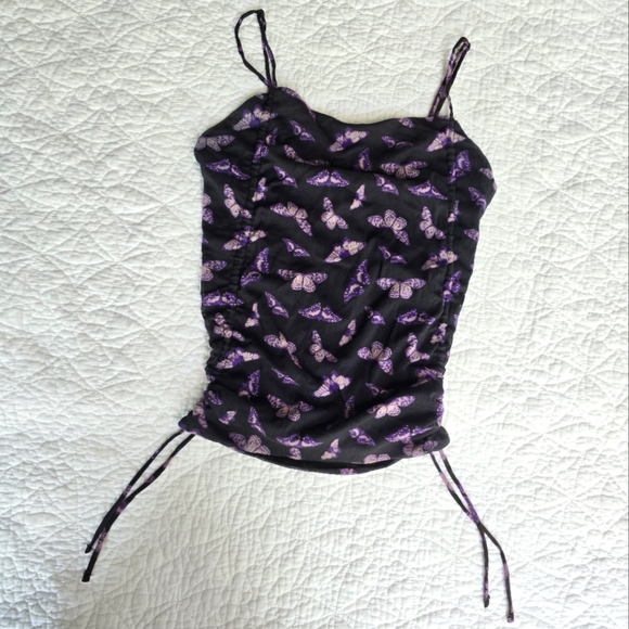 Urban Outfitters Purple Butterfly Mesh Side Cinch Drawstring Ruched Tank Top - Picture 1 of 8